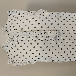 Sleeveless white/black polkadot blouse,ruffles around neck and armholes XL